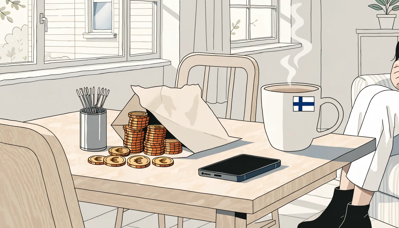Pino kultaisia kasinopelimerkkejä ja kolikoita kirjekuoressa suomalaisessa kodissa