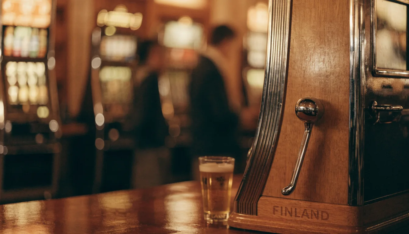 Retro hedelmäpeli suomalaisessa pubissa, näkymä takaa