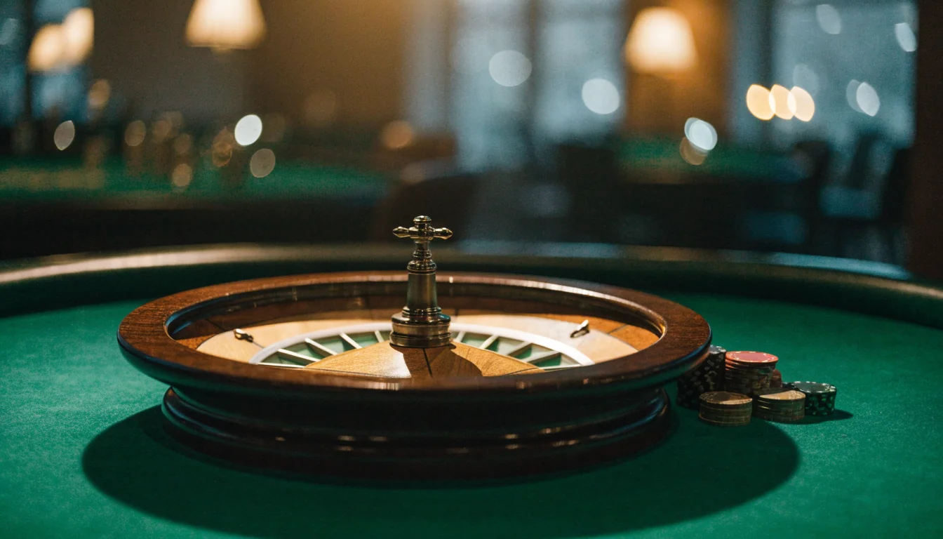 Roulette-pyörä kasinopöydällä pelimerkkien kanssa