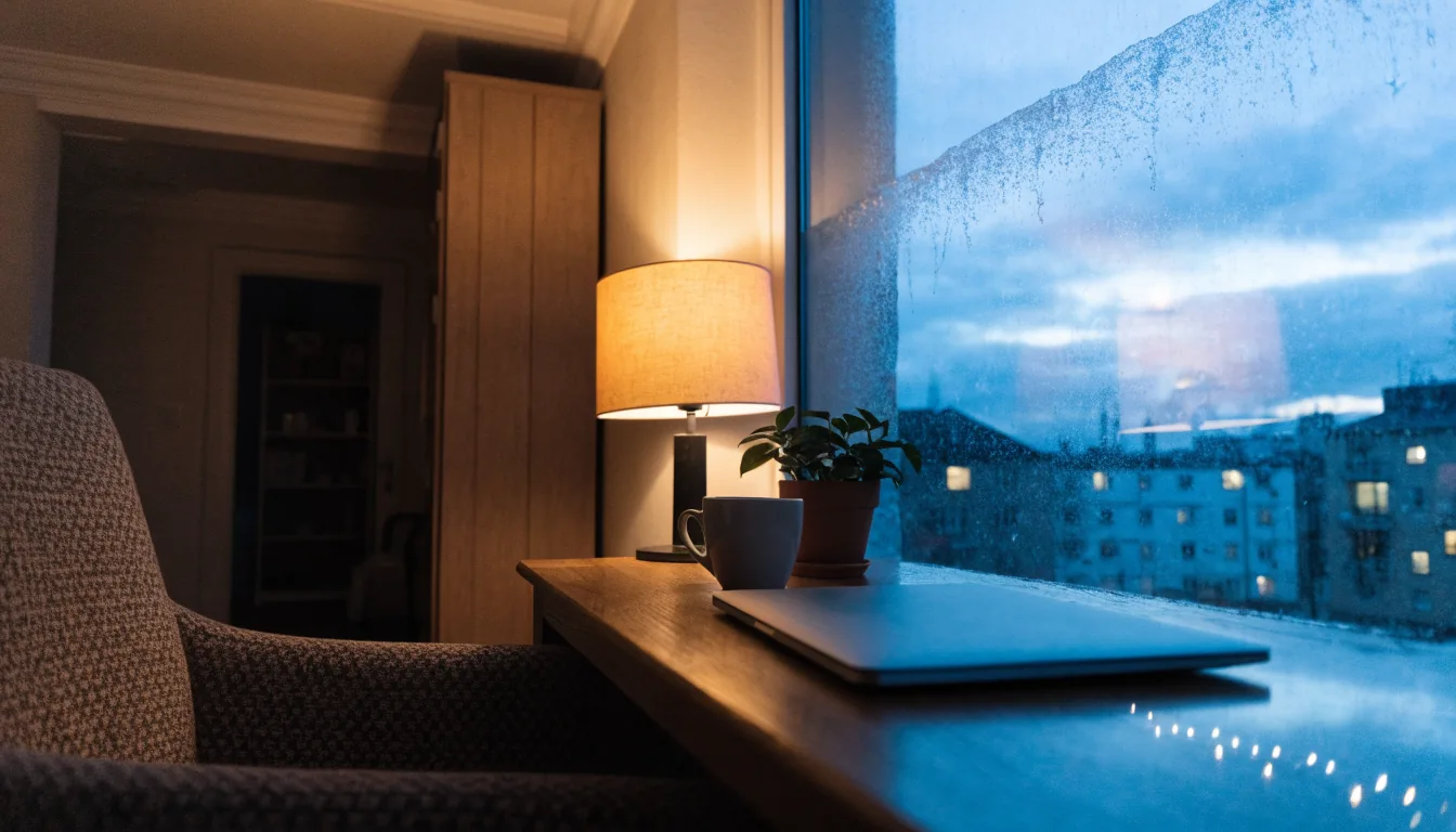 Suljettu kannettava pöydällä hiljaisessa suomalaisessa asunnossa illalla