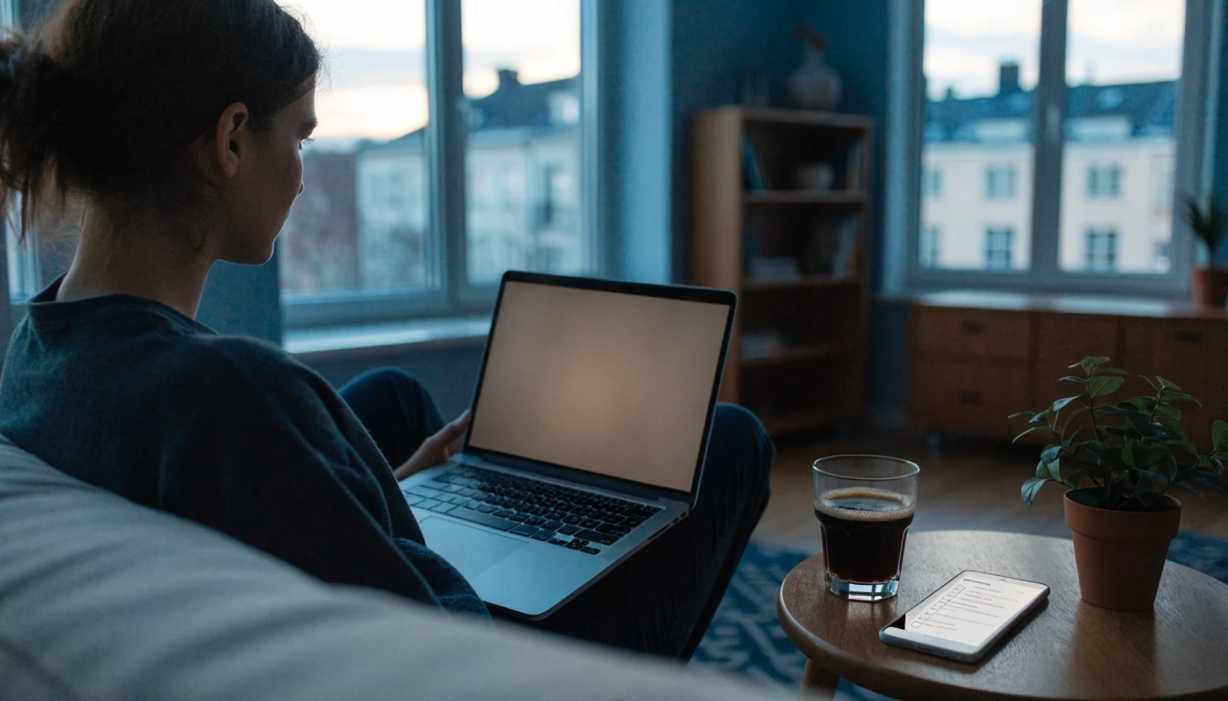 Suomalainen pelaaja sohvalla kannettavan ja pankkitunnistuksen älypuhelimen kanssa