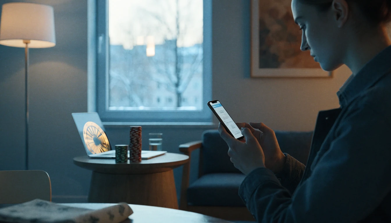 Suomalainen pelaaja älypuhelimella modernissa olohuoneessa, kolikkopelitunnelma