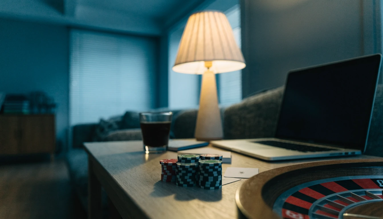 Suomalainen olohuone, pokerimerkkejä ja pelikortteja pöydällä