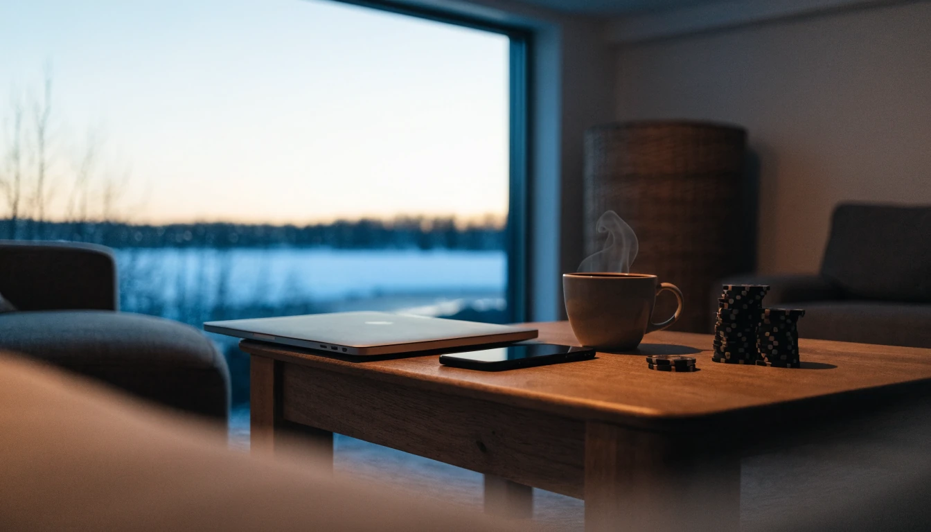 Suomalainen olohuone, jossa pöydällä kahvikuppi ja kasinon pelimerkkejä