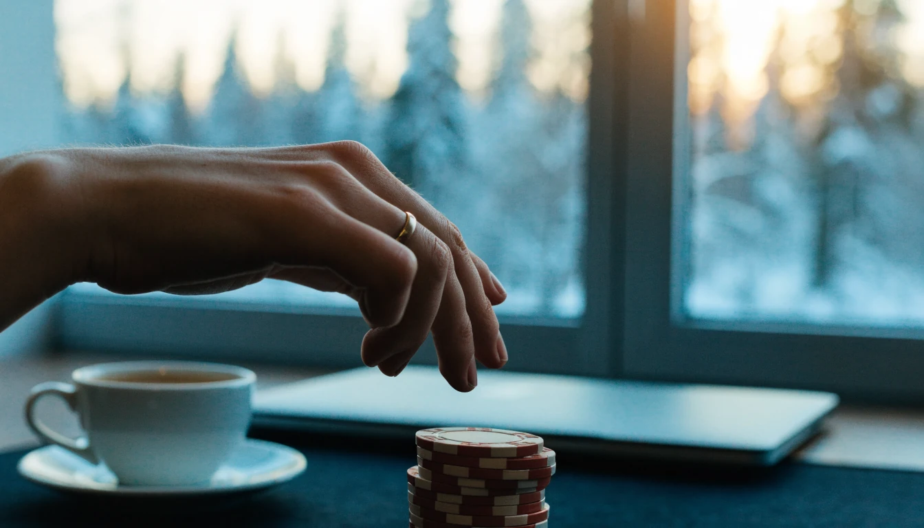 Kasinopinoja pöydällä, kannettava tietokone kiinni, talvinen Suomi maisema