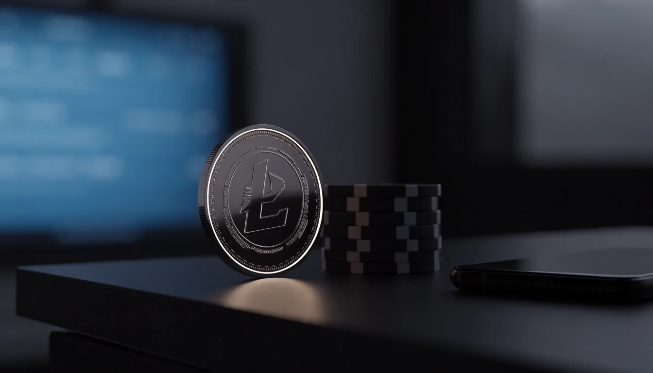 Litecoin-kolikko ja pelimerkit pöydällä, kryptokasinon tunnelmaa