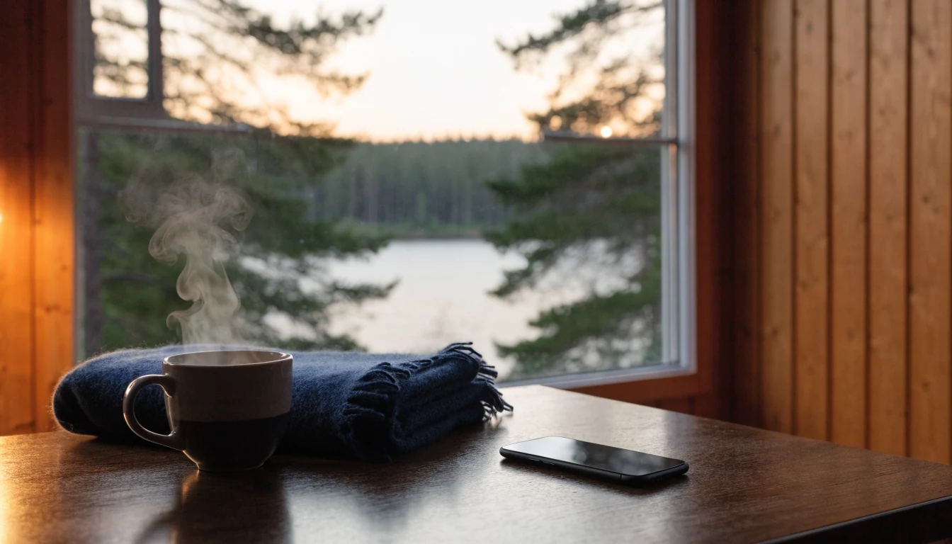 Älypuhelin puisella pöydällä suomalaisessa mökissä kahvikupin ja huovan vieressä