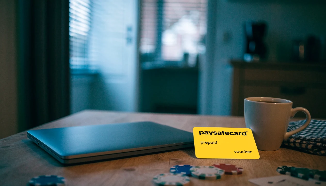 Paysafecard-talletusvoucher suomalaisessa kodissa kahvin ja pelimerkkien kanssa