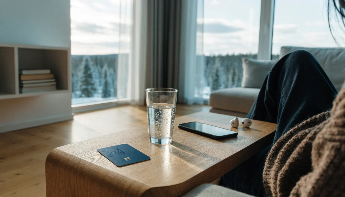Revolut-tyylinen maksukortti suomalaisella sohvapöydällä