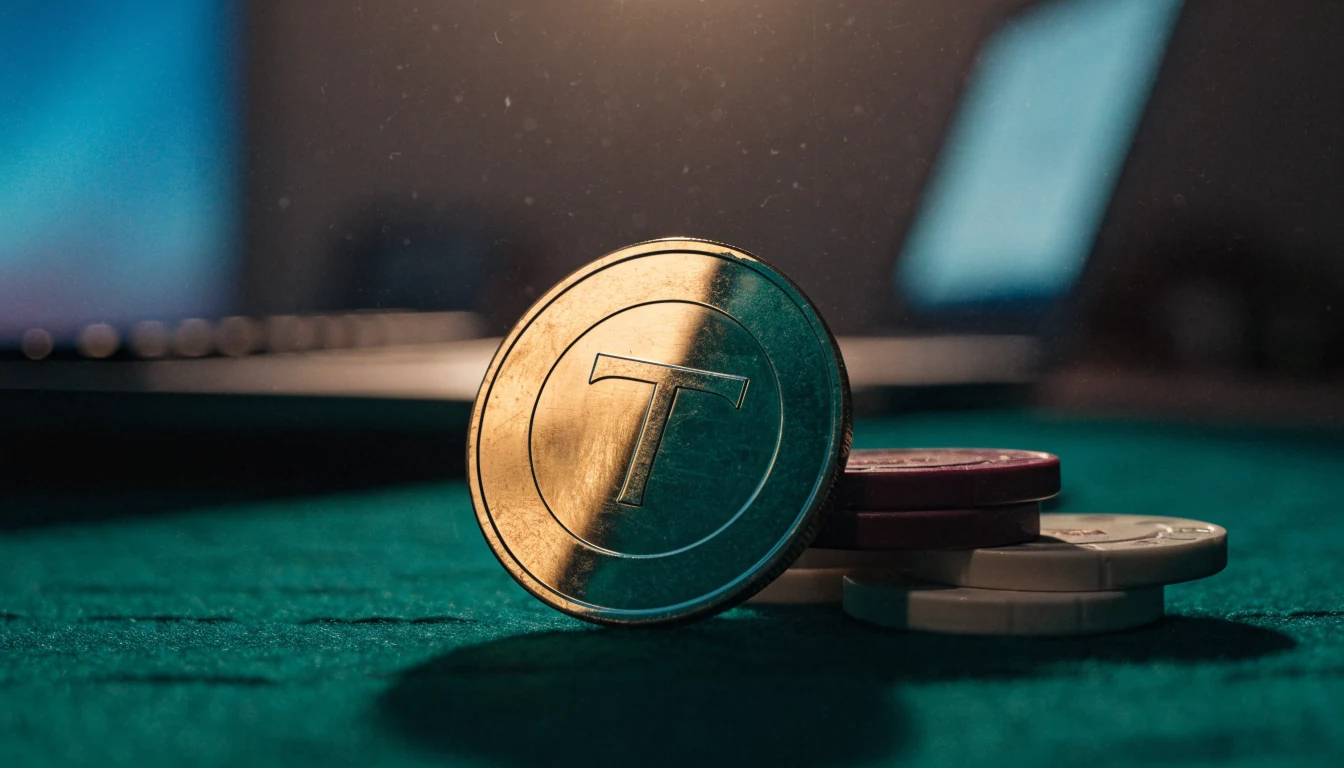 Tether-kolikko ja kasinon pelimerkit vihreällä pelipöydällä