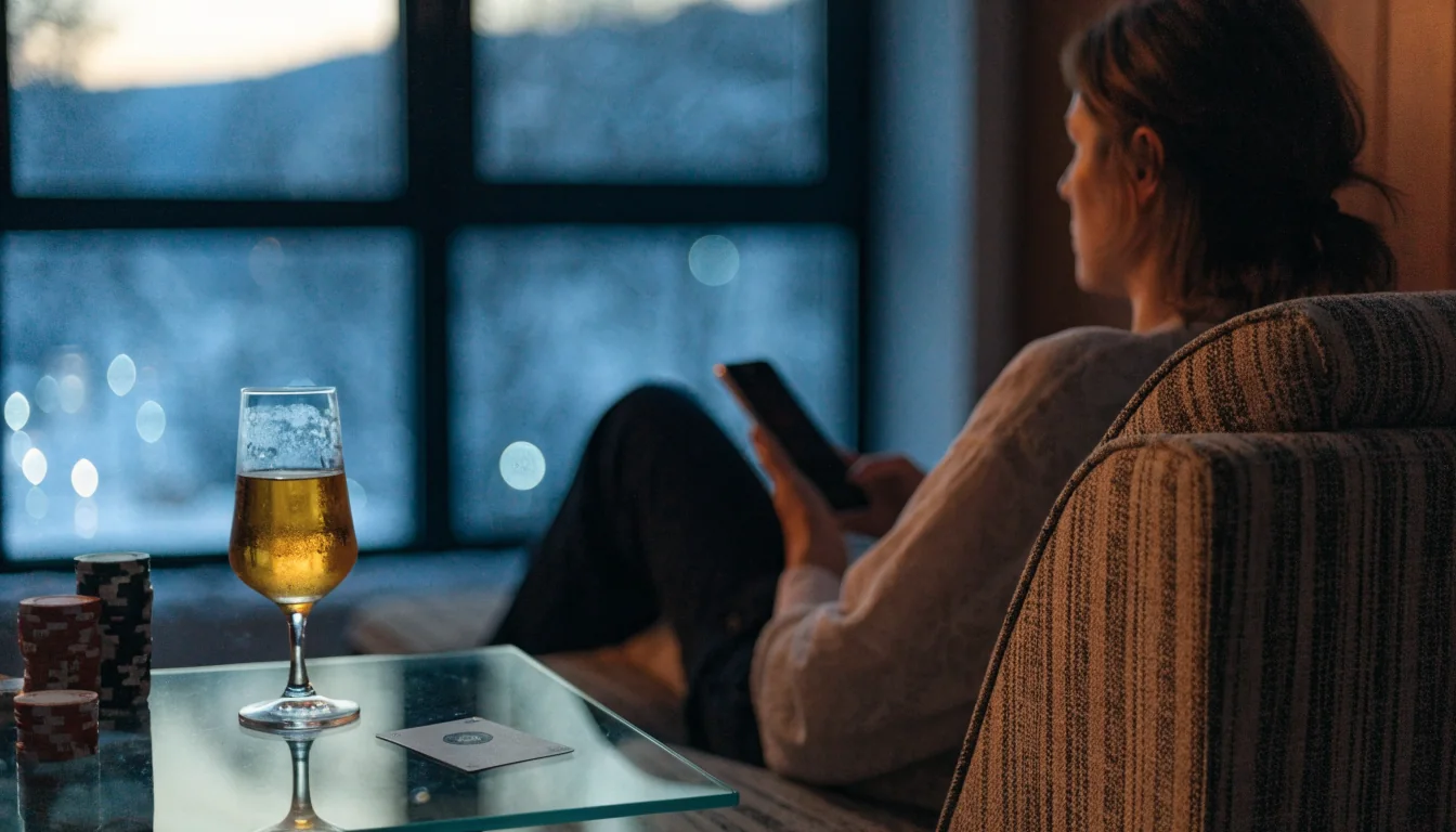 Suomalainen olohuone, jossa henkilö pitää älypuhelinta pokerimerkkien ja pelikortin kanssa