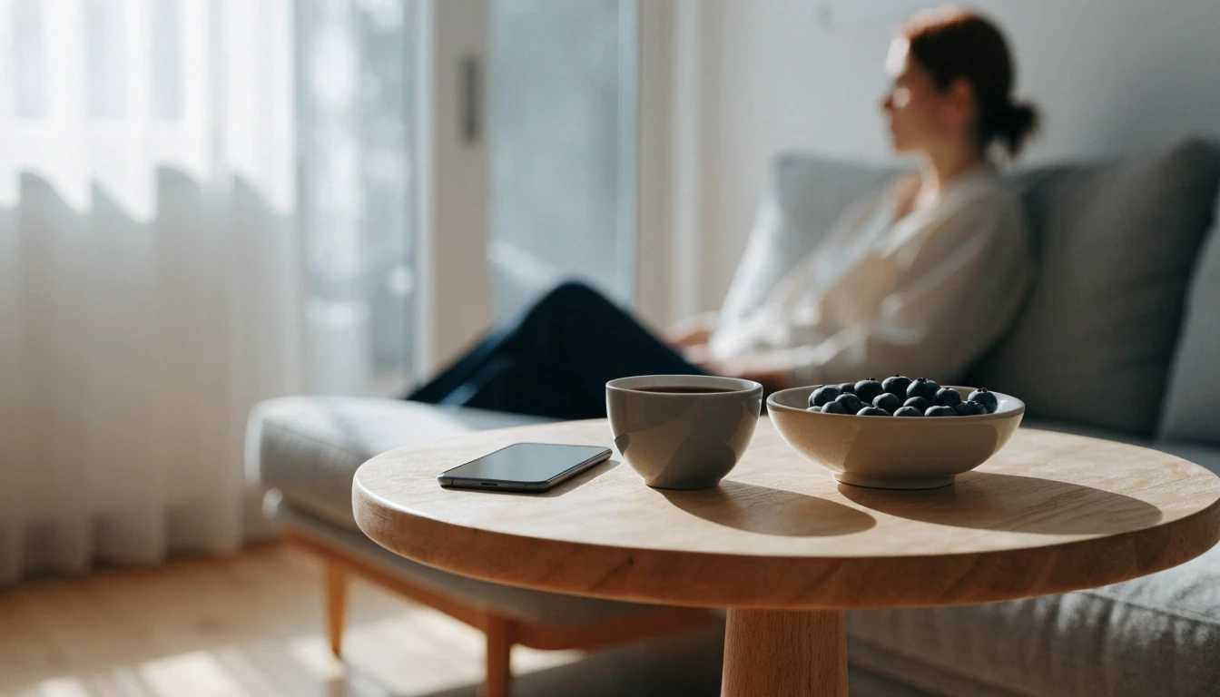 Rentoutunut hetki suomalaisessa olohuoneessa älypuhelimen vieressä