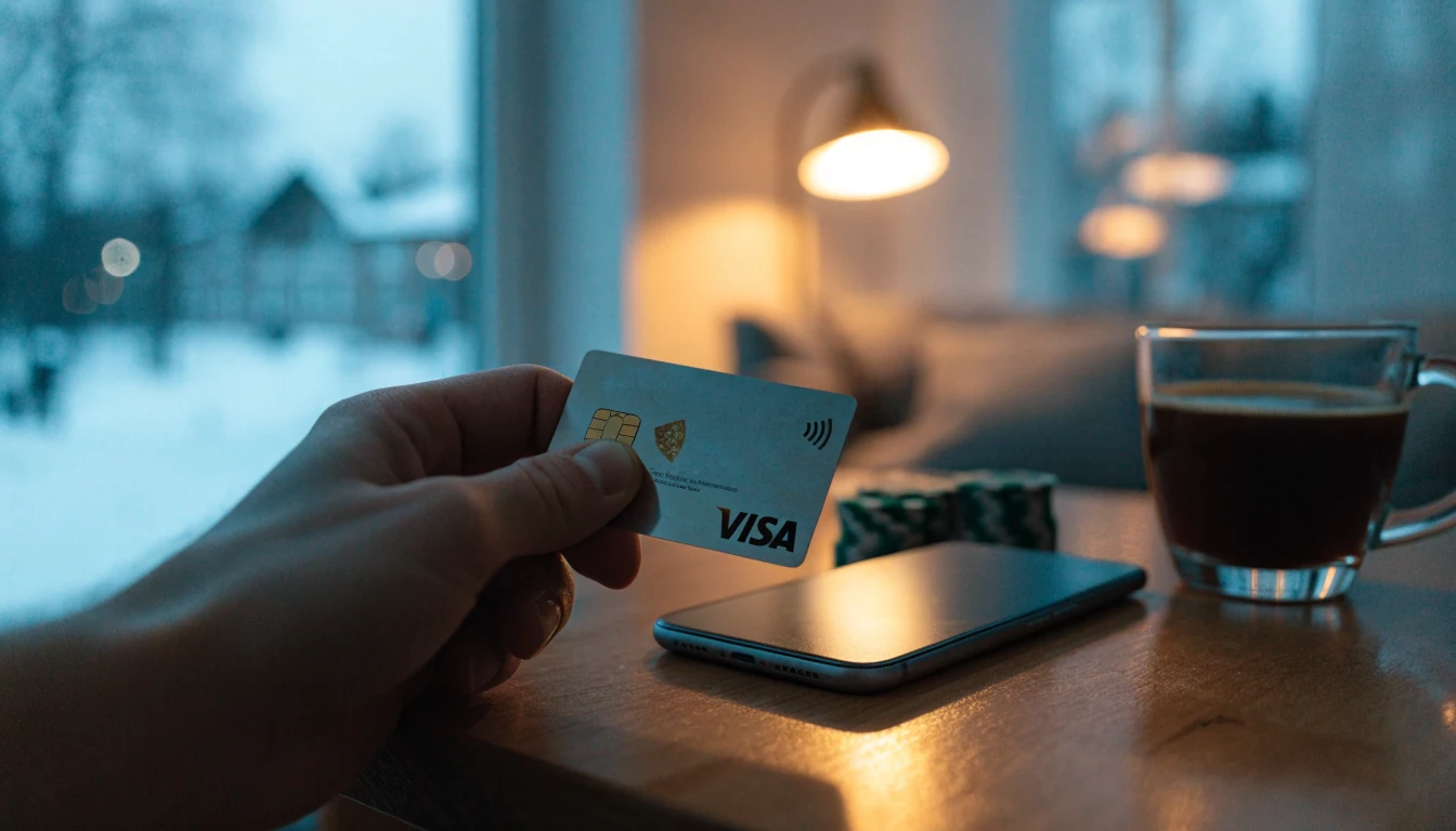 Visa-luottokortti ja älypuhuin suomalaisessa kodissa pokerimerkkien kanssa