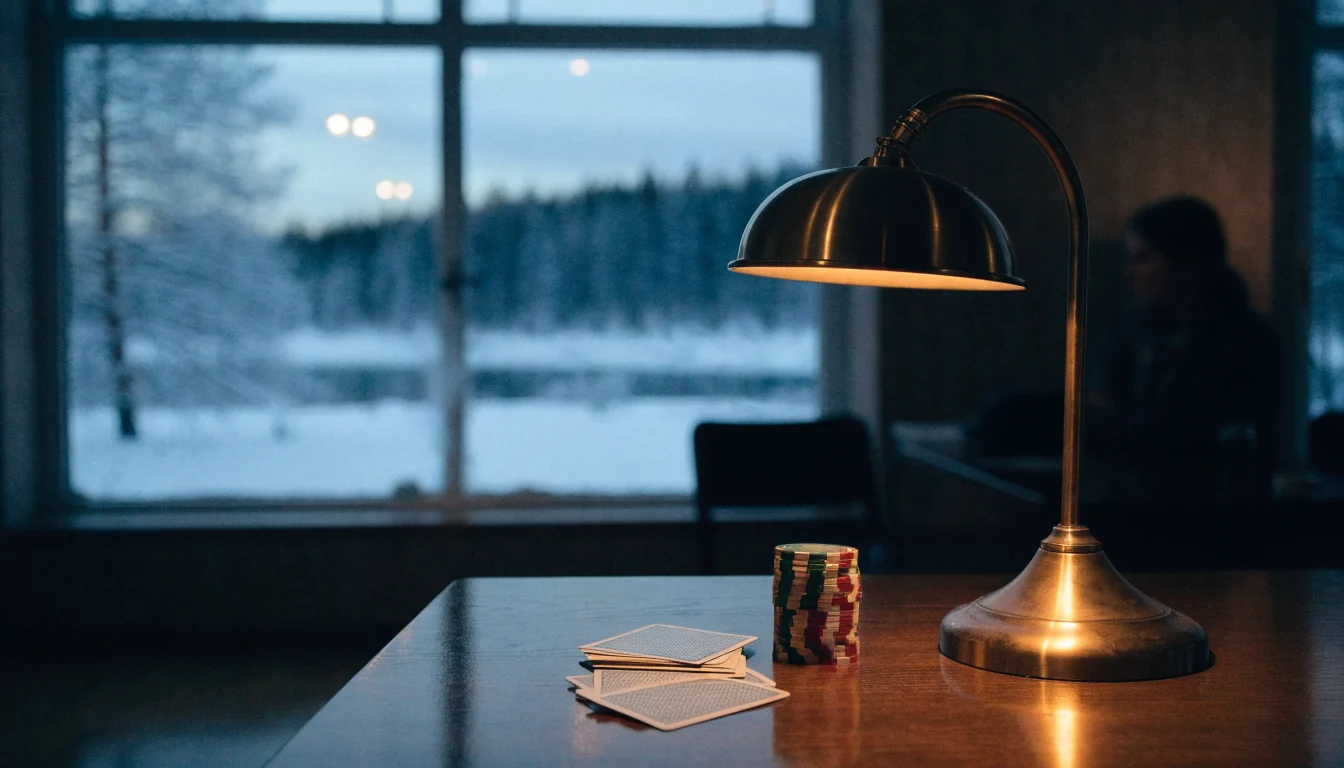 Kasino pelimerkkejä ja kortteja pöydällä, suomalainen talvimaisema ikkunassa