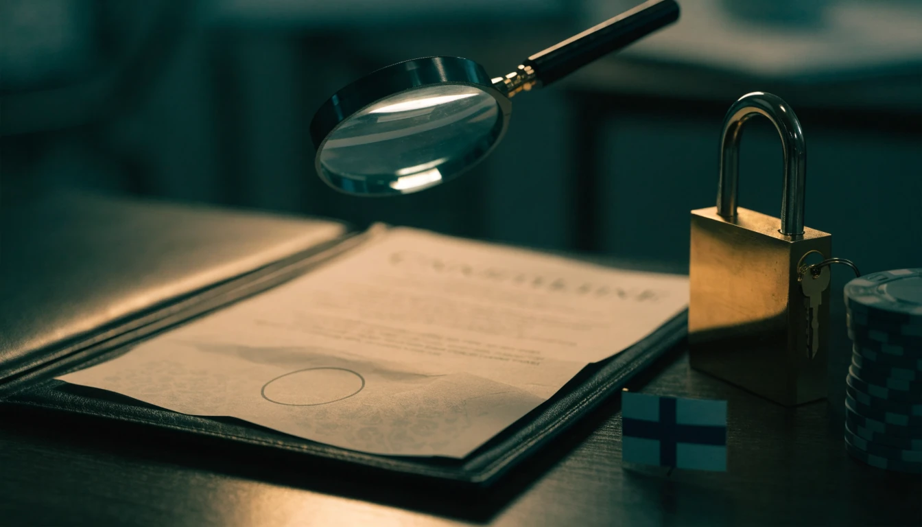 Lisenssitodistus, lukko ja pokerimerkit pöydällä