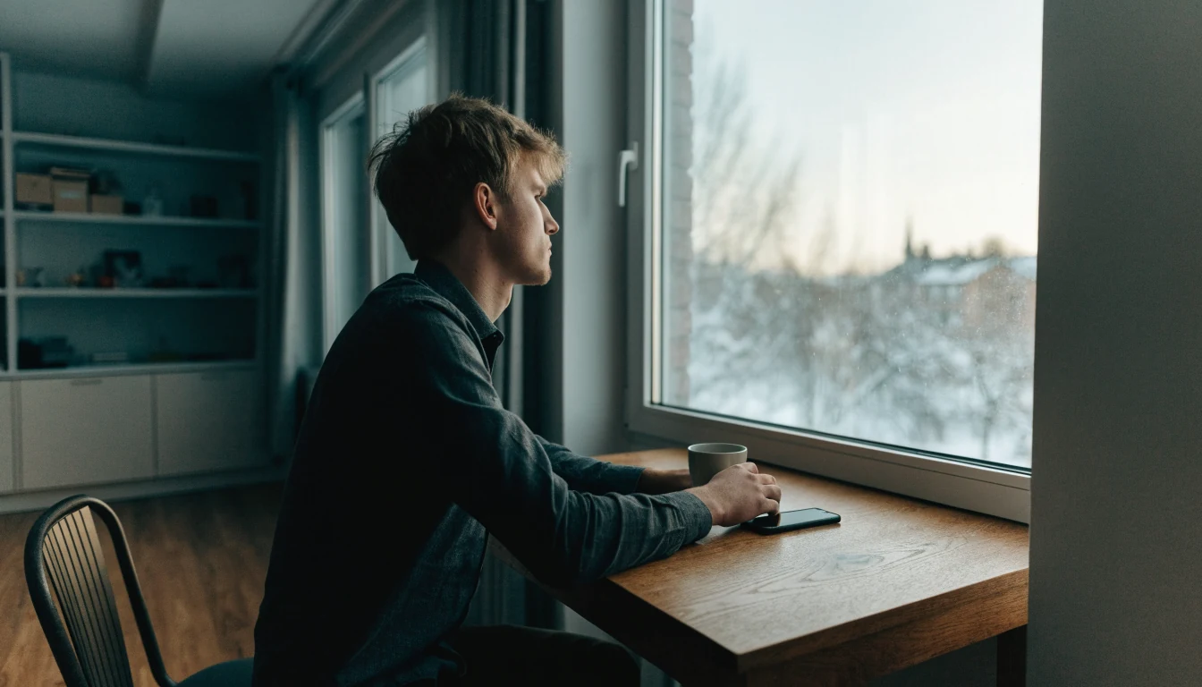 Nuori mies miettii hetkeä puhelin pöydällä näyttö alaspäin