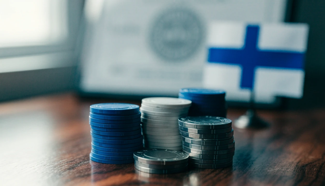 Suomalaisen kasinolisenssin symbolit: pelimerkit, lippu ja virallinen asiakirja pöydällä.