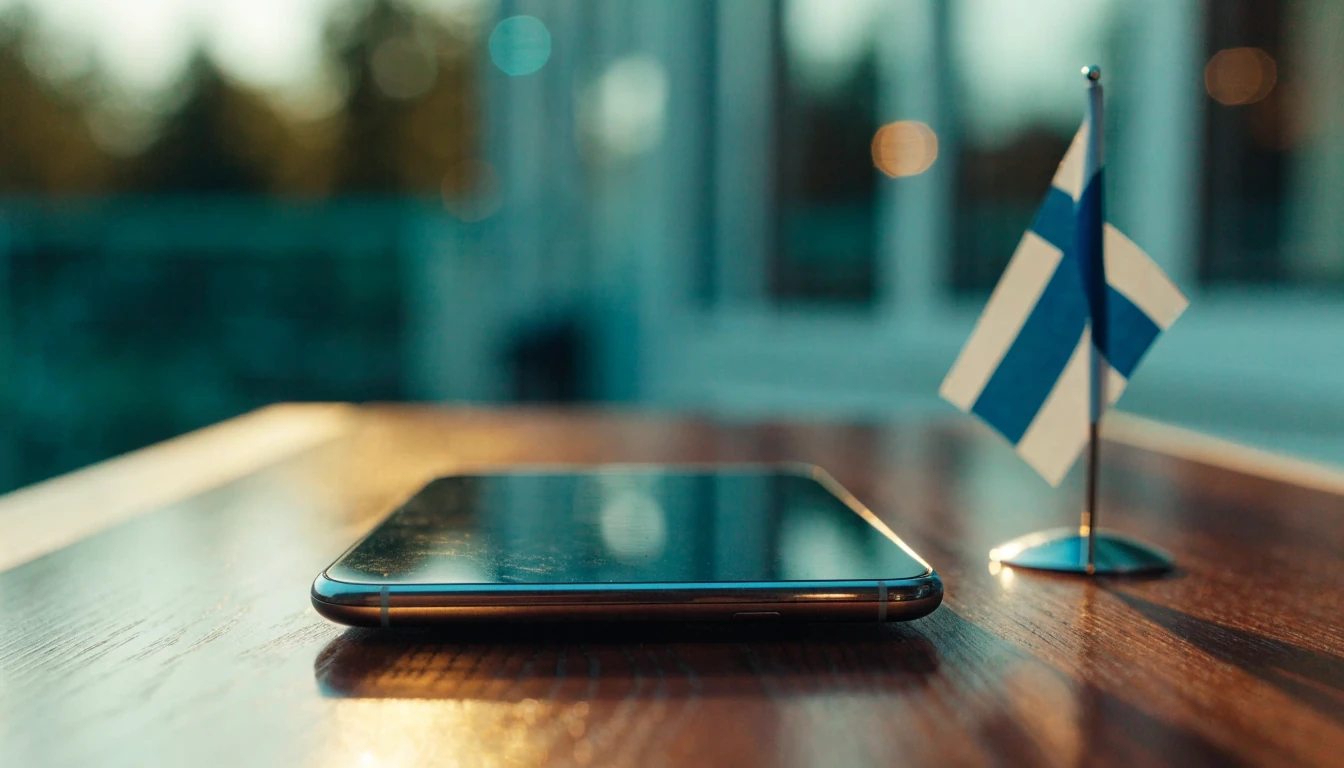 Suojattu älypuhuin lasisuojalla ja Suomen lipulla pöydällä
