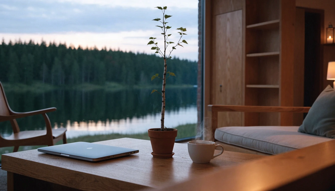Kodikas suomalainen olohuone, jossa suljettu kannettava tietokone kahvikupin ja koivuntaimen vieressä